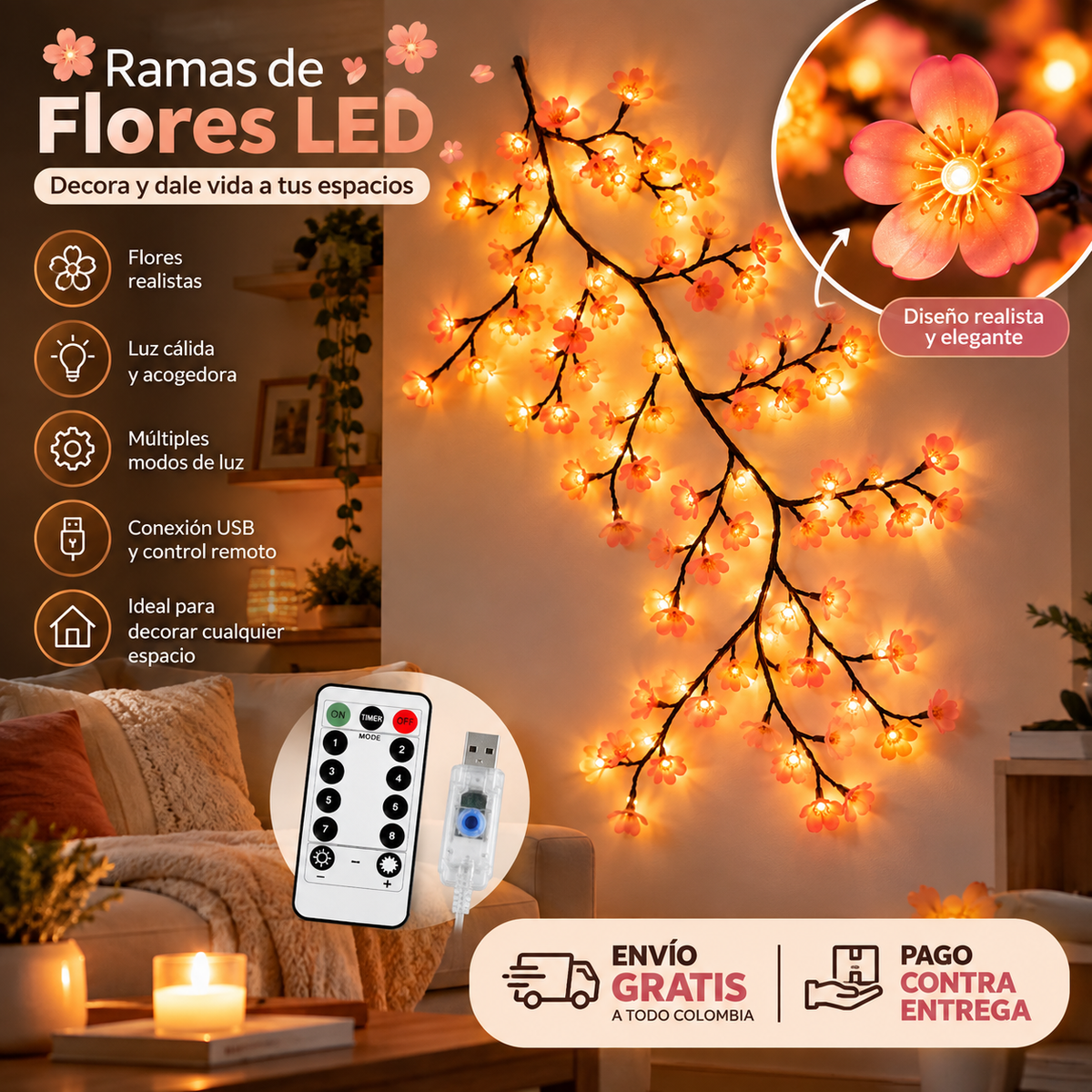 Guirnalda De Flores Cerezo Con Luces Led