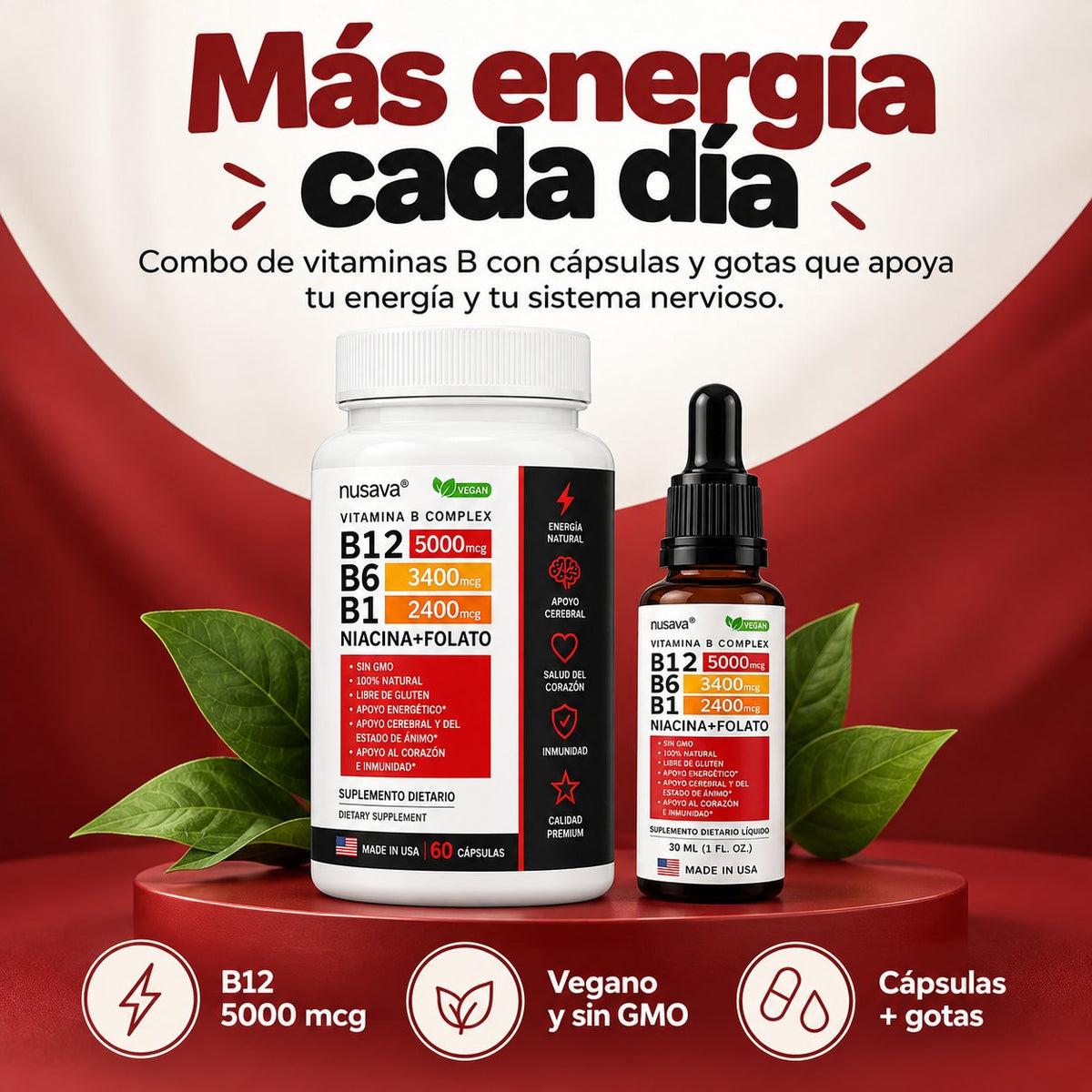 Nusava Vitamina B Complex: cápsulas y gotas de B12, B6 y B1